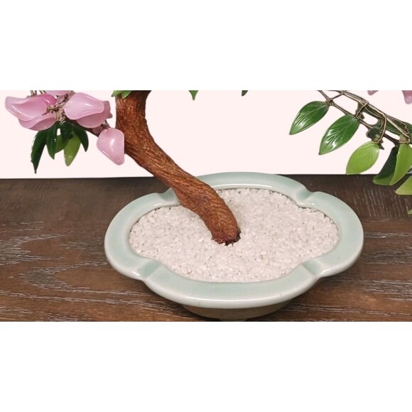 Vintage Bonsai Tree Glass Cherry Blossom Flowers Jade Leaves Celadon Pot Asian - Picture 7 of 7